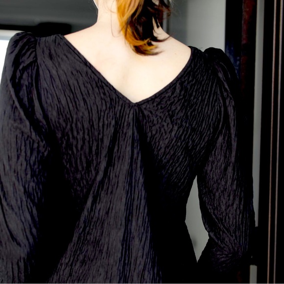 VTG 80s New Leaf by Samir Black Dress Sheer Floral Yoke, Puff Shoulders. Ruched. - Picture 9 of 9